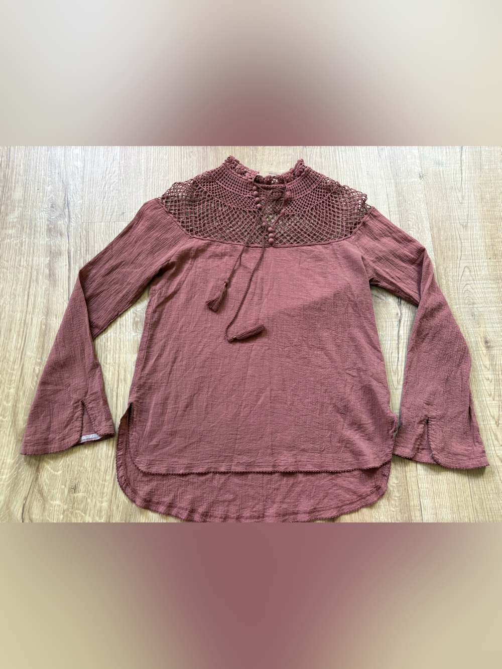100% Cotton Free People Mauve Crochet Long Sleeve Top Sz Small Boho